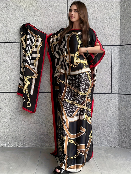 Chain Print Boat Neck Modest Dress, Elegant Batwing Sleeve Loose Maxi Dress With kaftan Abaya, Women's Clothing