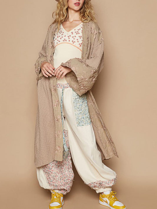 Women's Casual Duster Kimono Abaya Vintage Boho Lace Trim Open Front Longline Outerwear Khaki Long Sleeves Lightweight Soft Fabric Perfect for Spring/Fall/Winter Layering Everyday