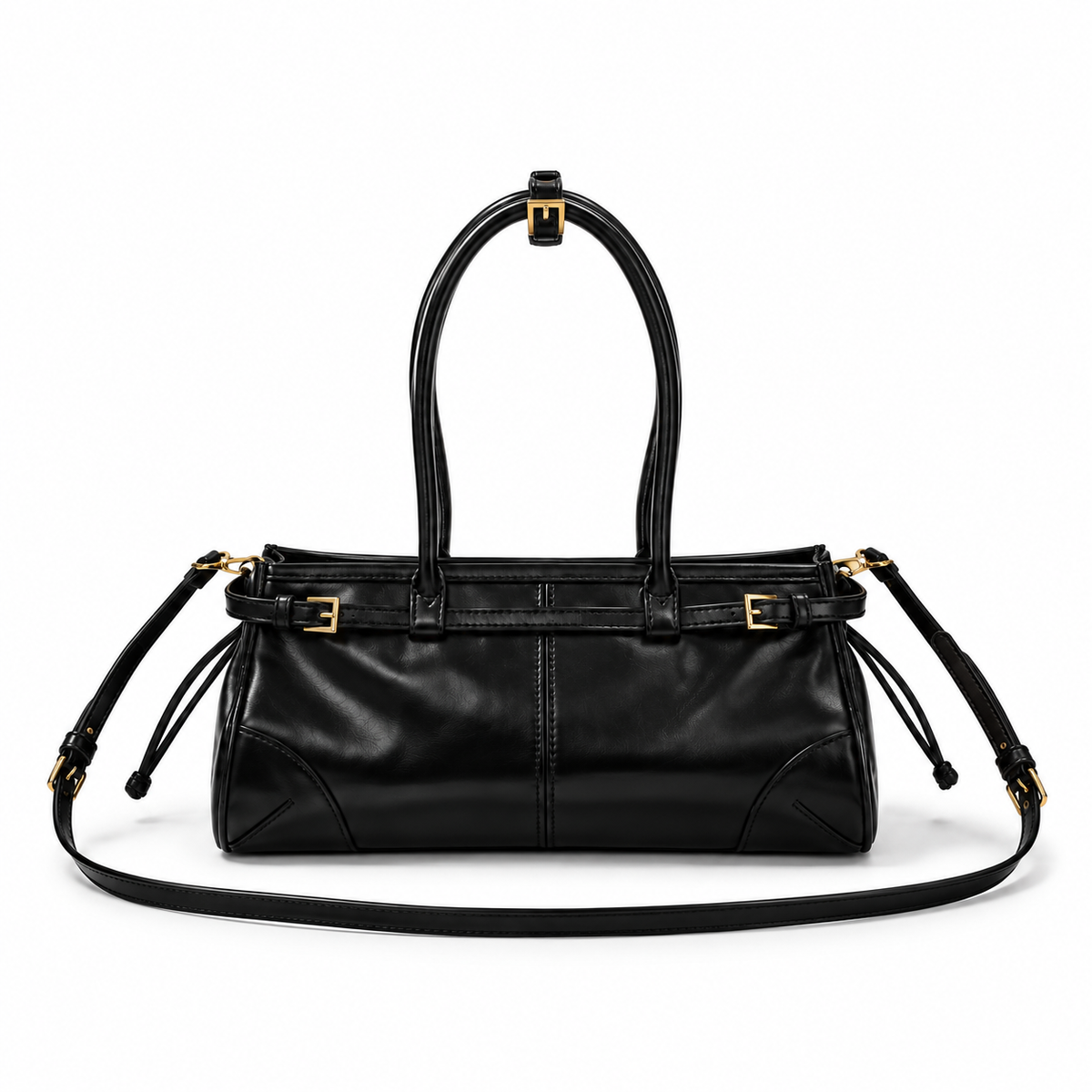 Glossy Black Structured Shoulder Handbag Purse