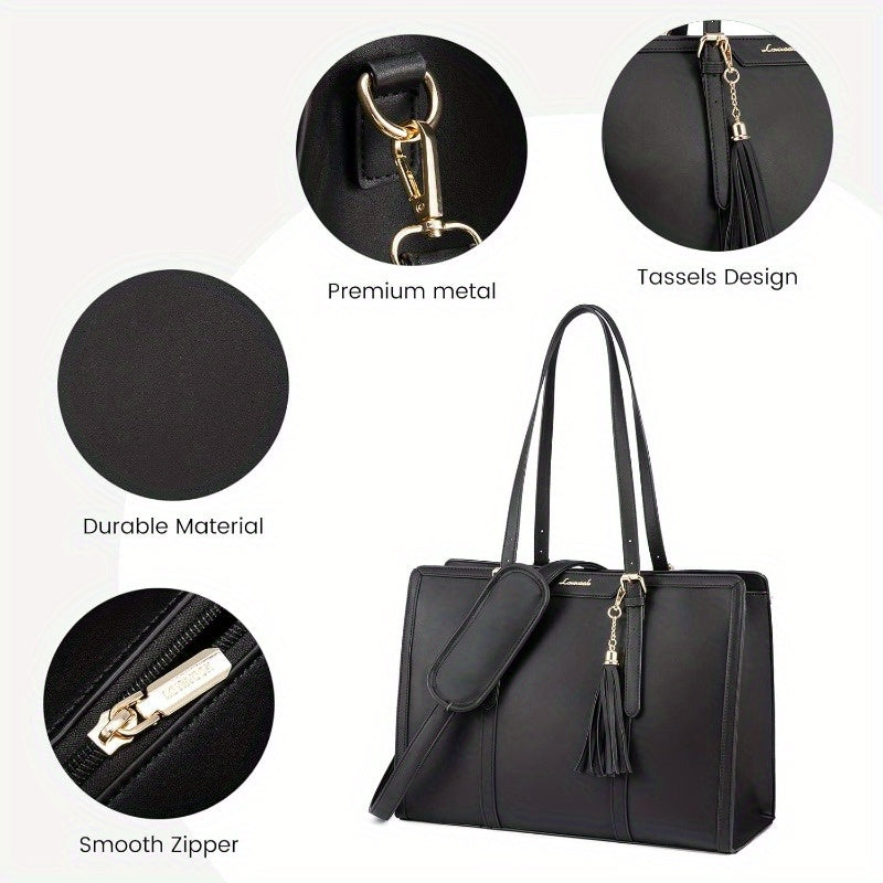 Laptop Bag for Women 15.6 inch Lightweight PU Laptop Tote Bag Large Capacity Computer bag with Clutch Purse for Business Work Office Travel School Casual Black and Faux Leather