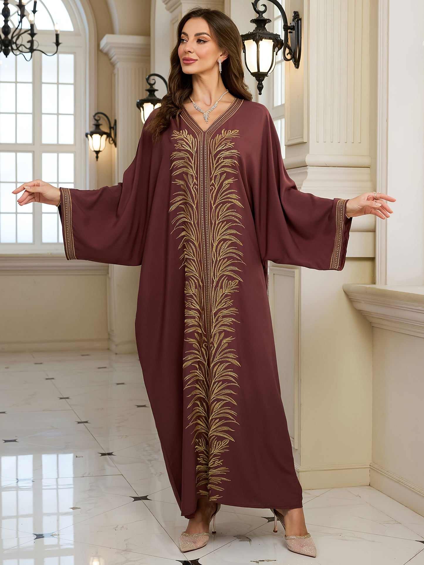 Women's Golden Floral Embroidered V-Neck Batwing Sleeve Kaftan Robe - Loose Fit Plus Size Long Dress for Ramadan Eid Beach Vacation, Middle Eastern Cover Up, Muslim Abaya Dress