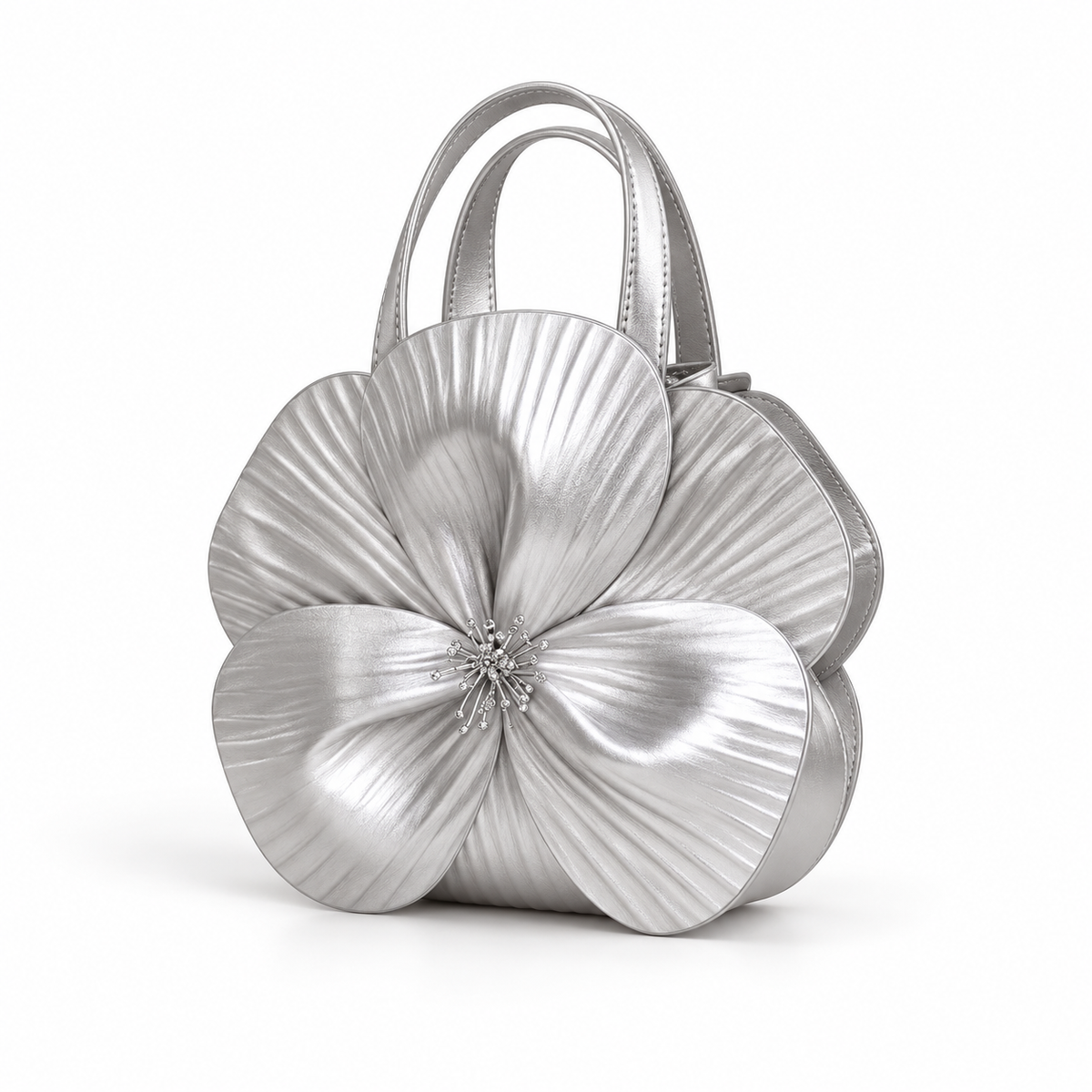 Silver Metallic Flower Sculpted Handle Clutch