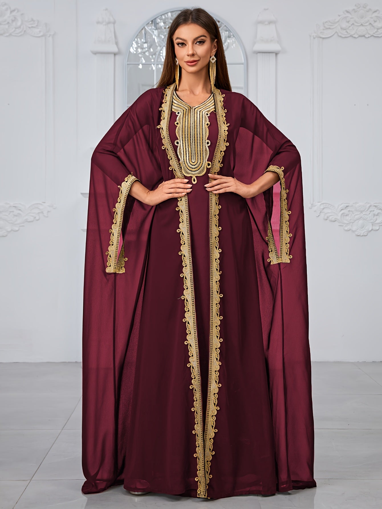 Elegant Women's Embroidered Lace Evening Dress Gown - Maroon & Golden Two-Piece Set with Intricate Lace Detailing, Perfect for Formal Events, Formal Evening Wear|Lace Embroidery|Elegant Gown Abaya