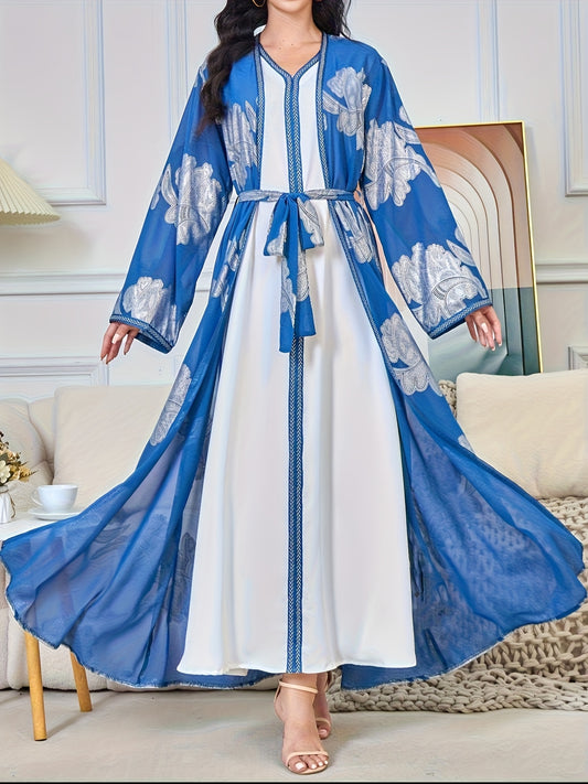 Ready-To-Wear Middle Eastern Arab Women's Clothing, V-Neck Long-Sleeve Kimono Abaya Two-Piece Set with Golden Foil Dress for European And American Markets.