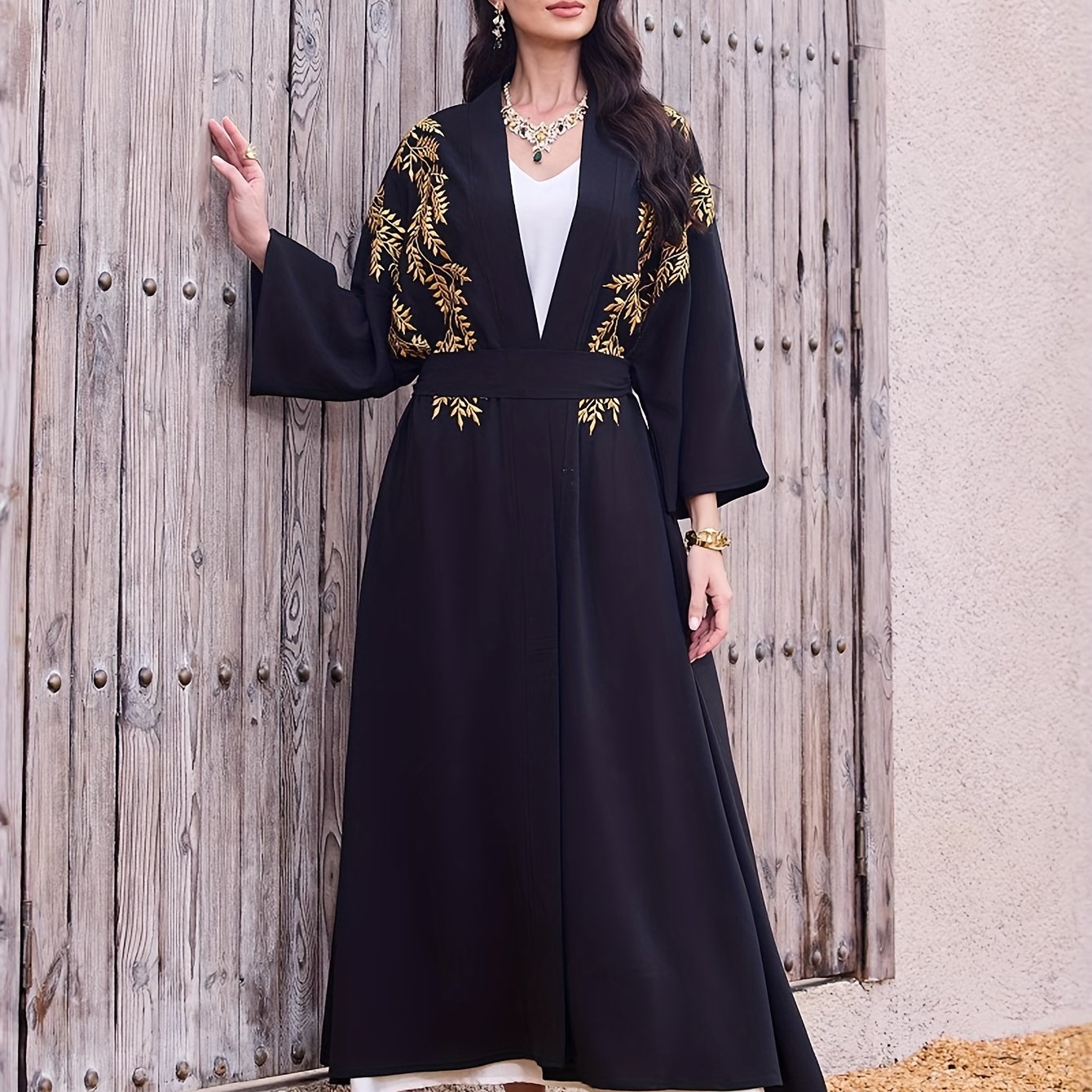 Women's Elegant Islamic Emirati Abaya Robe - Long Sleeve Islamic Dress with Belt, Non-Stretchy Formal & Everyday Muslim Clothing for Mosque, Travel, Home - Modest Abaya Gown, Mosque Attire