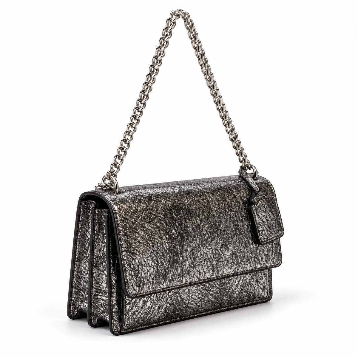 Metallic Silver Textured Chain Shoulder Bag