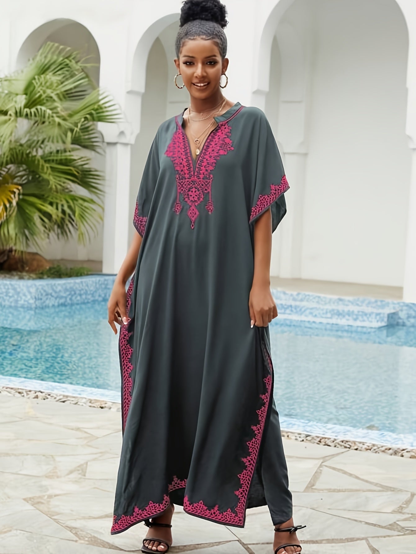 Batwing Sleeve House Kaftan Dress | Embroidery Batwing Sleeve House Kaftan Dress