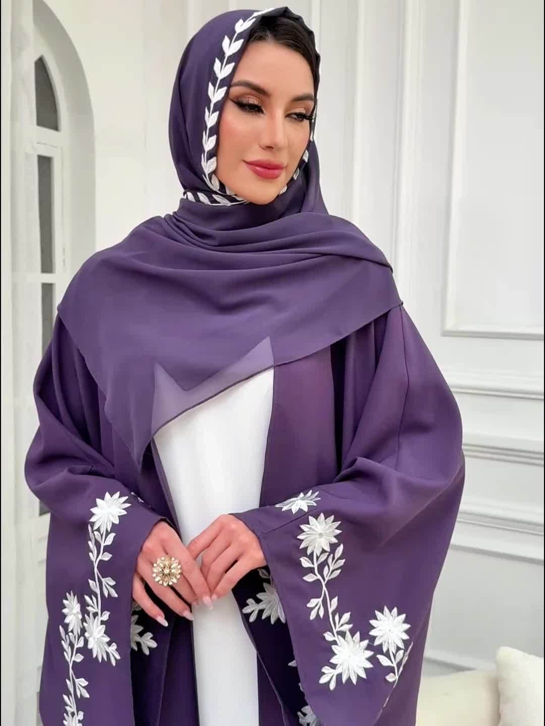 Purple & White Elegant Dubai Floral Open Abaya Hijab Set - Kaftan Dress with Batwing Sleeves, Loose Fit for Women | All Seasons, Floral Design, Texture