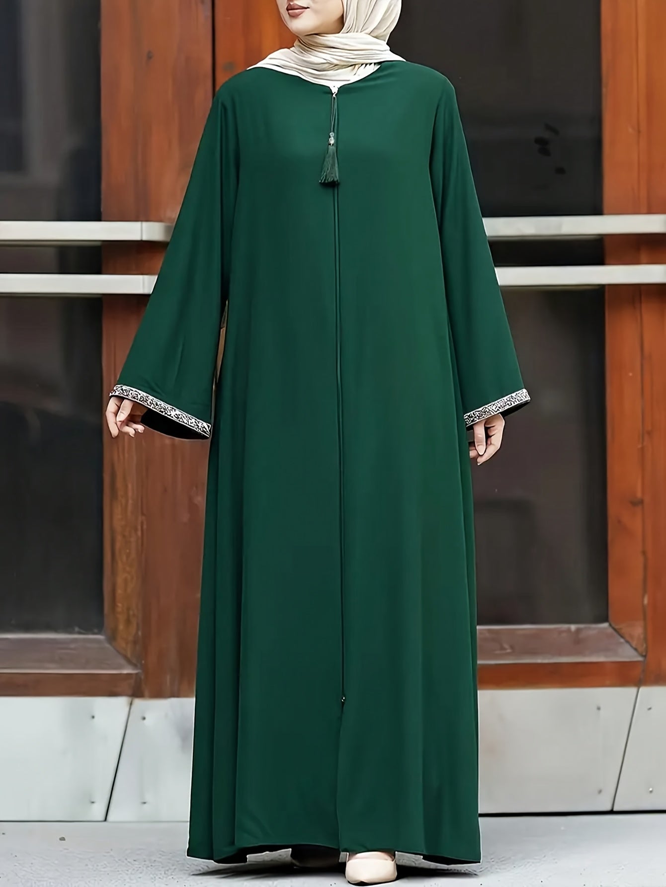 Women's Traditional Moroccan-Style Long Baju Abaya with Zipper Closure - Solid Color, Loose Fit, Round Neck, Polyester, Casual Wear, Casual Wear|Traditional Robe|Polyester Dress