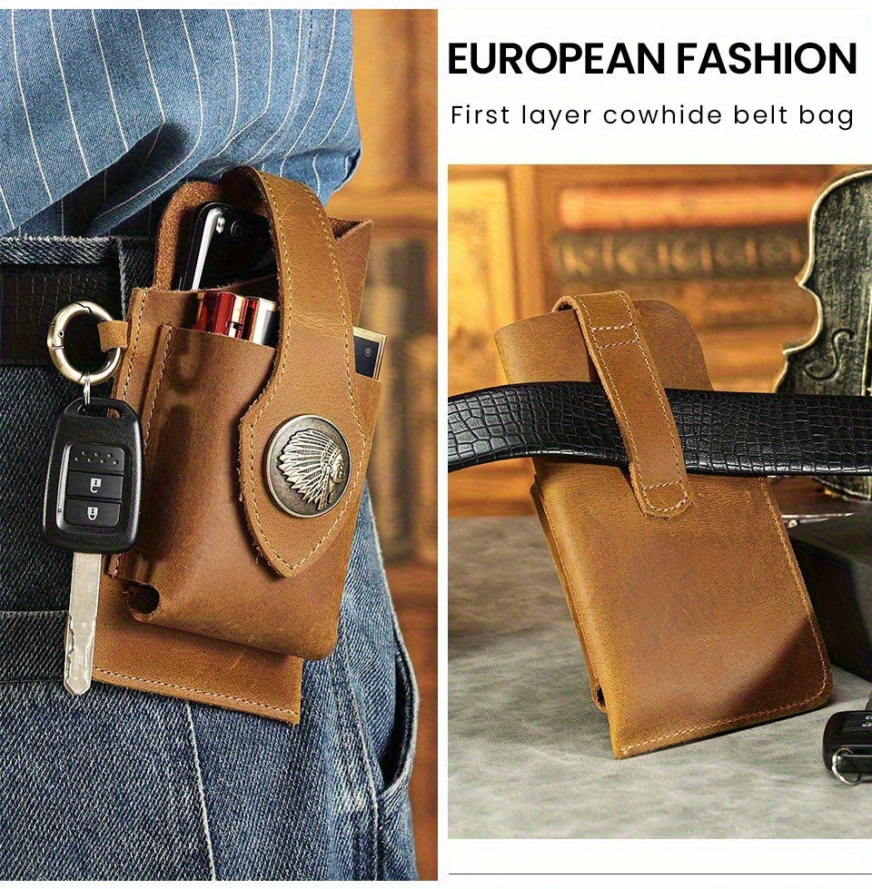Men's Genuine Leather Mobile Phone Key Waist Bag Creative Vegetable Tanned Leather Waist Bag Men Wear Belt Tactical Waist Bag