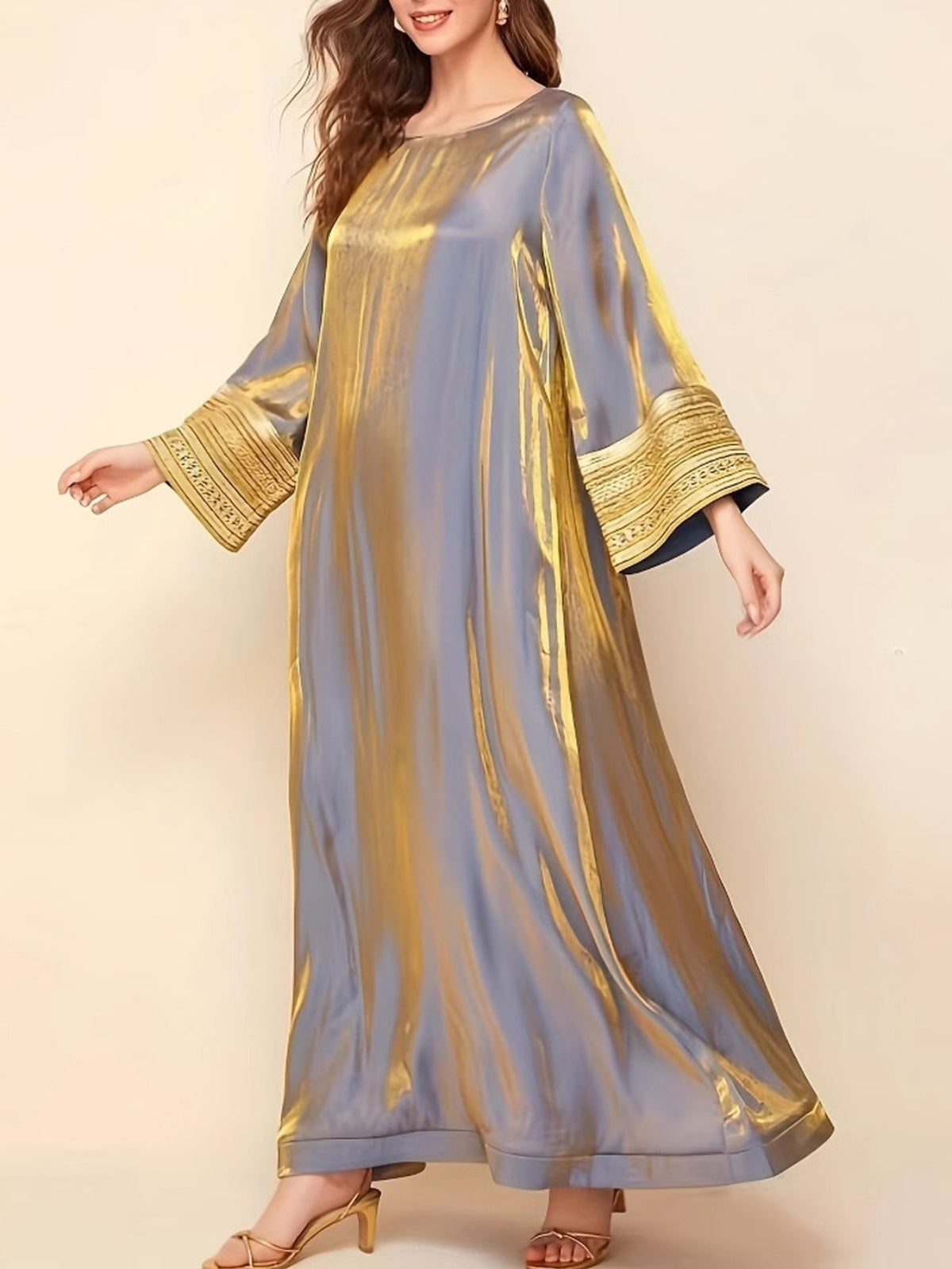 Elegant Women's Long Sleeve Baju Abaya Dress - Crew Neck, Patchwork Design, Loose Swing Fit, Solid Color, Perfect for Spring/Summer, Casual to Formal Wear, Casual Formal Dress
