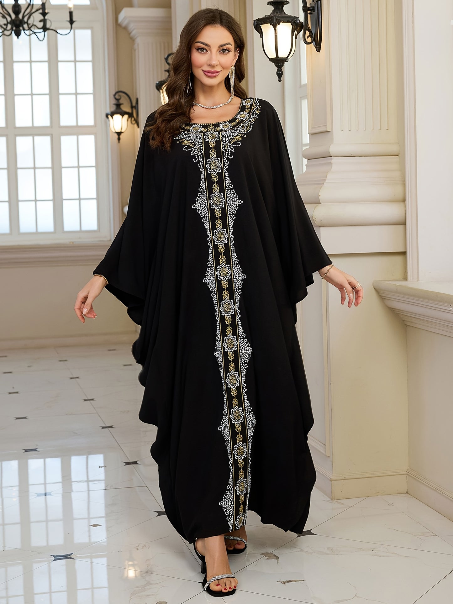 Plus Size Elegant Long Sleeve Batwing Kaftan, Viscose Non-Stretch Fabric, Tribal Embroidery, Loose Fit, with Woven Traditional Middle Eastern Abaya Robe for Festive Occasions