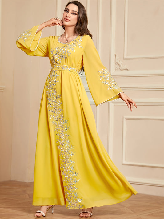 Elegant Embroidered Abaya Dress - Loose Fit, Machine Washable Polyester Modest Kebaya for Women with Belt