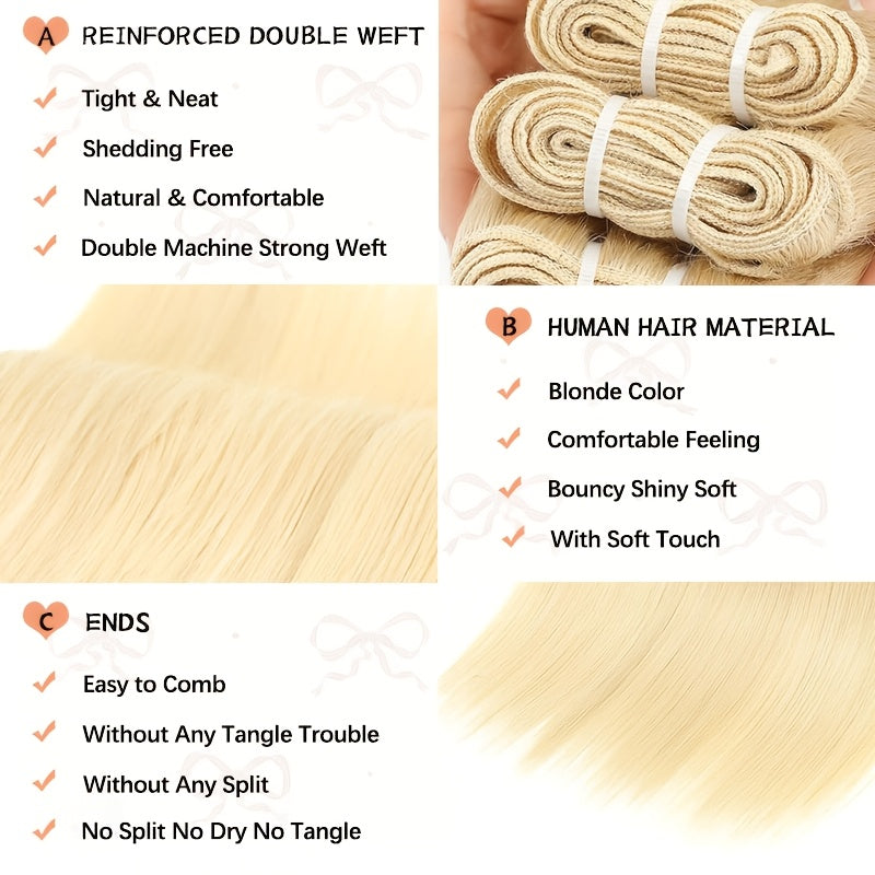 Straight Human Hair Weft Hair Extensions Color 613 Blonde Remy Human Hair Weft Weave Hair Extensions Double Wefted 3.35 oz Human Hair Bundles Blonde