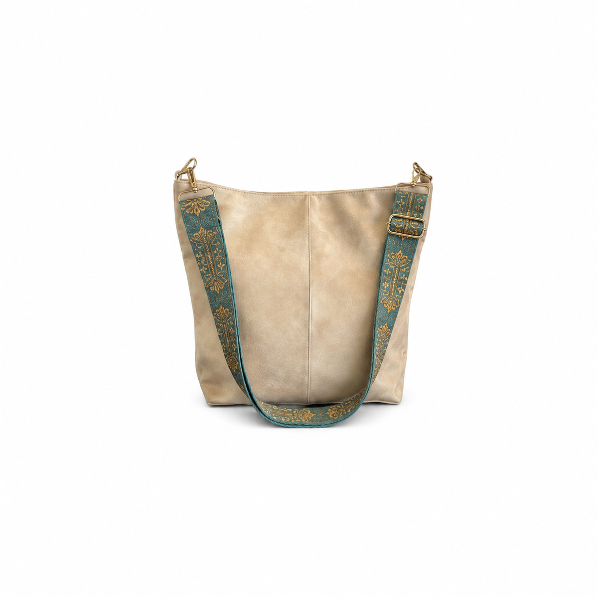 Beige Boho Shoulder Bag with Embroidered Strap