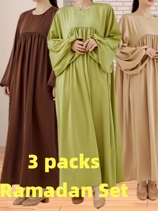 Ramadan Three-Pack Muslim Abaya Dress with Packaging, Soft and Comfortable, Flowing Wide Skirt, Extra Large Sleeves and Cuffs, Elastic