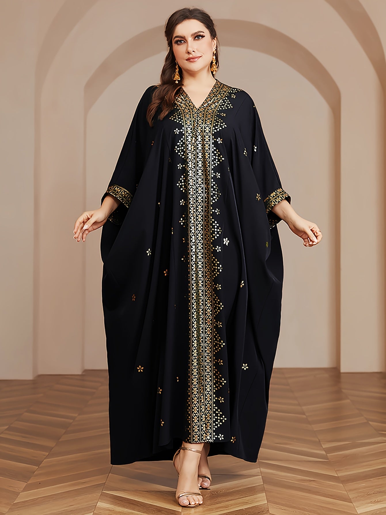 Polyester Long Kaftan | V-Neck Tribal Pattern Woven Non-Stretch, Middle East Golden Tassel, Batwing Sleeve Abaya, Plus Size, All Season