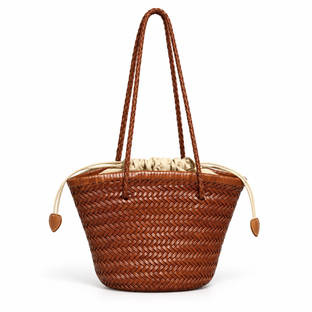Brown Woven Tote With Braided Handles