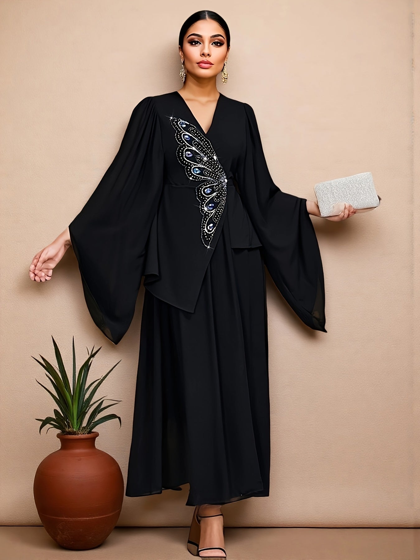 Women's Elegant Turkish Party Abaya - Formal Gala & Wedding Attire - Non-Stretch Black Gown - Hand Washable Special Occasion Outfit - Dresses for Wedding Guest Elegant