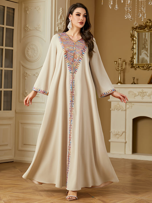 Elegant V-Neck Long Sleeve Kaftan Abaya with Sequin Detail - Polyester, Non-Stretch, Regular Fit for All Seasons