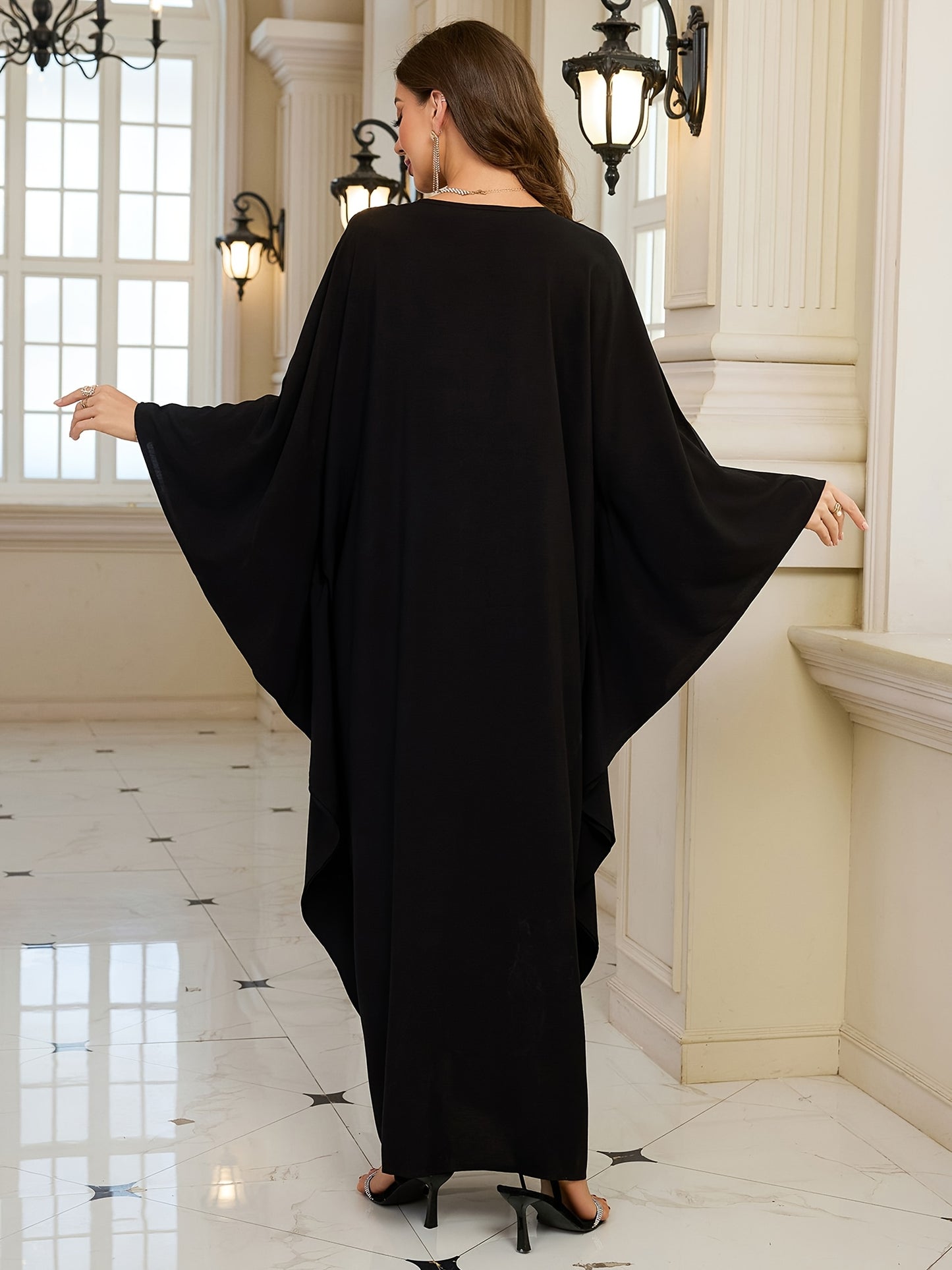 Plus Size Elegant Long Sleeve Batwing Kaftan, Viscose Non-Stretch Fabric, Tribal Embroidery, Loose Fit, with Woven Traditional Middle Eastern Abaya Robe for Festive Occasions