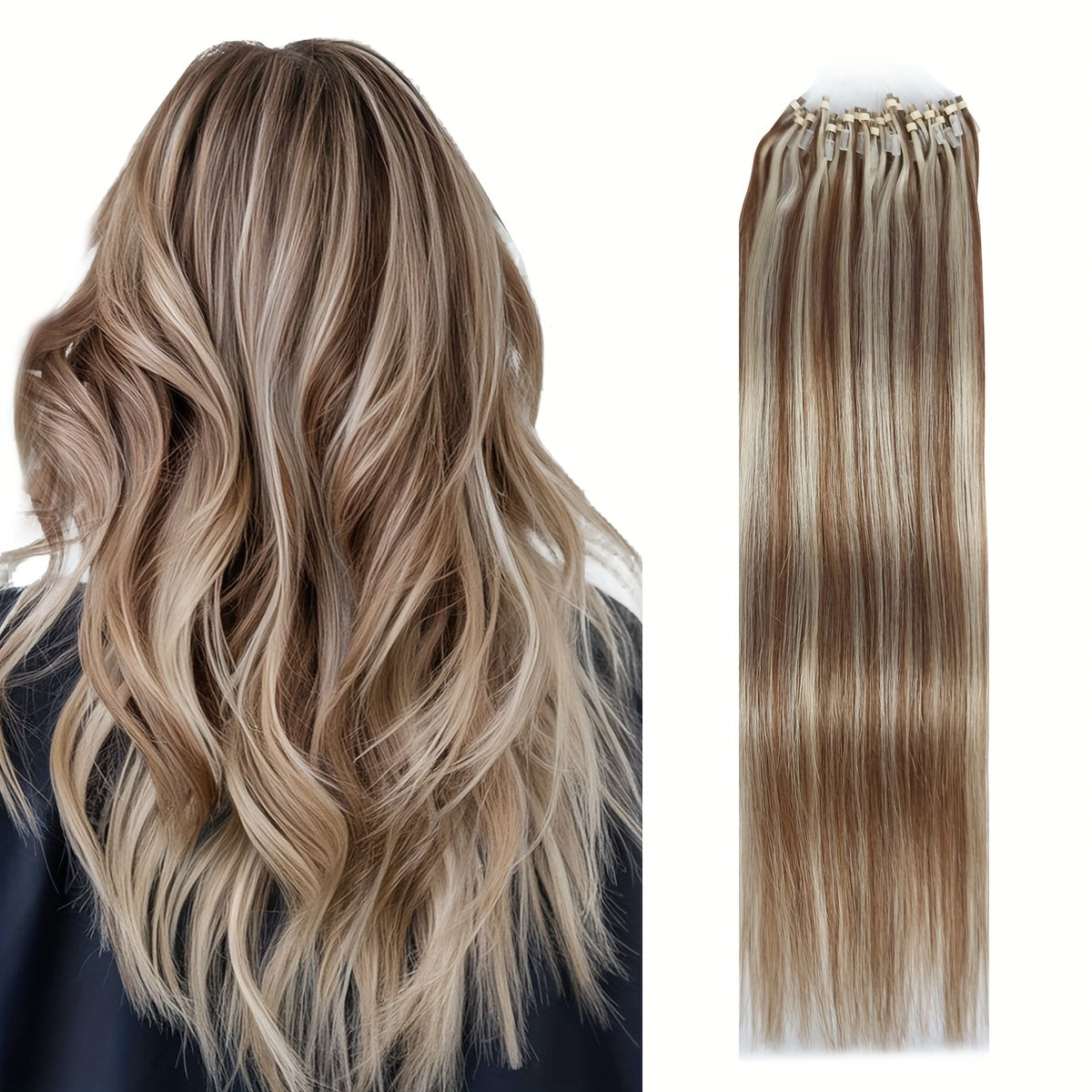 50 Strands of DNE Hair Microlink Human Hair Extensions Ranging from 14 to 24 Inches in Light Brown And Blonde, Featuring Straight Hair with Cold Fusion Micro Loop Invisible Seamless Bead Extensions Designed for Women. Made fr