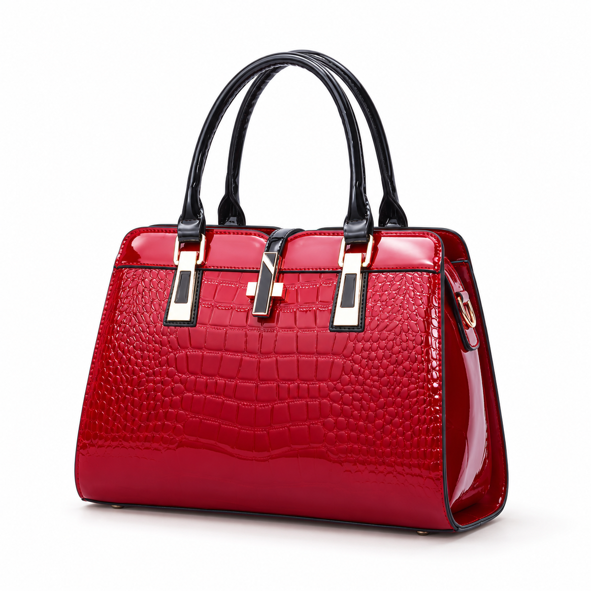 Glossy Red Crocodile Embossed Handle Handbag