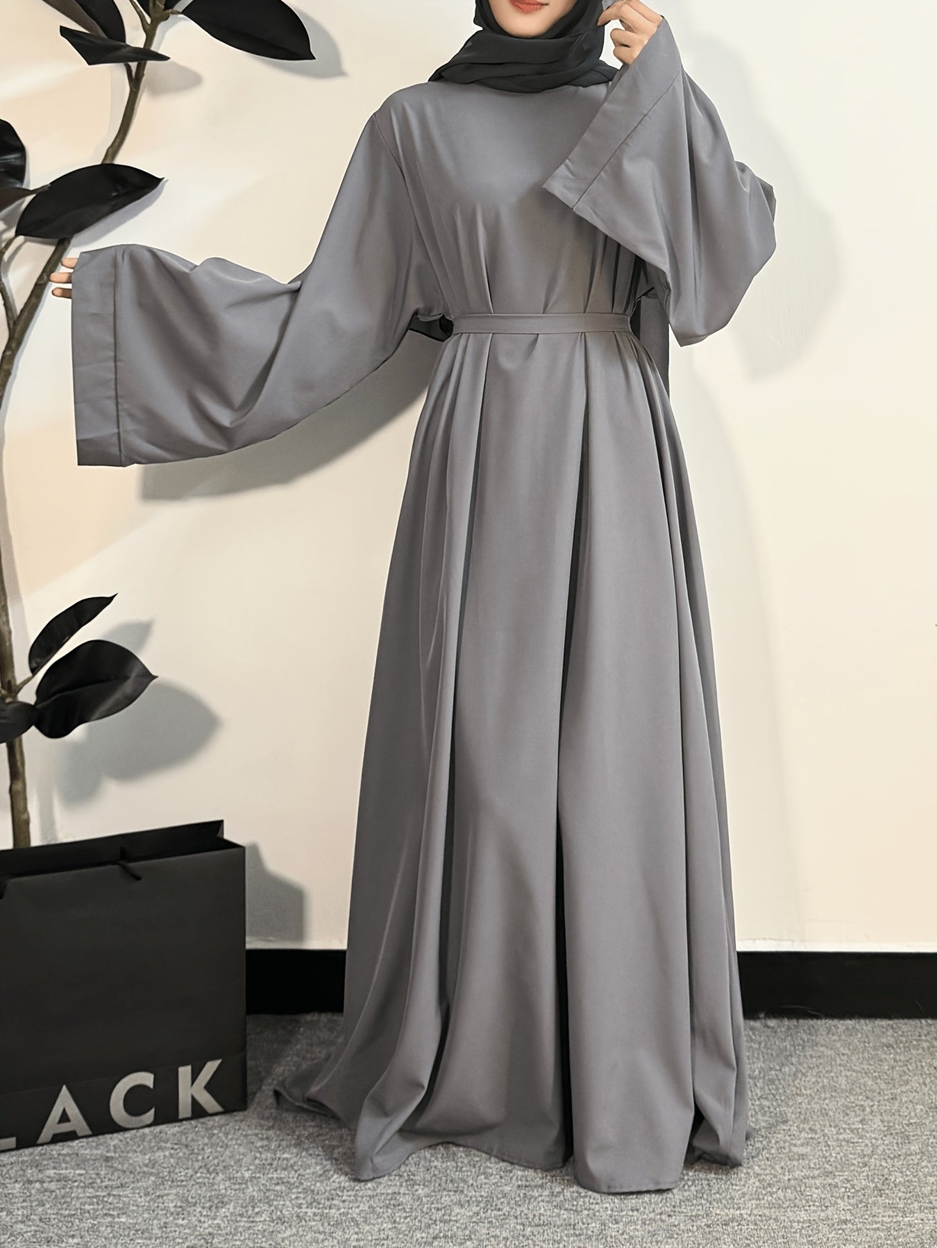 Women's Long Polyester Palestinian Abaya Kaftan with Belt - 100% Polyester, Solid Color, Regular Long Sleeve, Loose Fit, H-Contour, Woven, Non-Stretch, All Seasons, Full-Length Islamic Prayer Dress