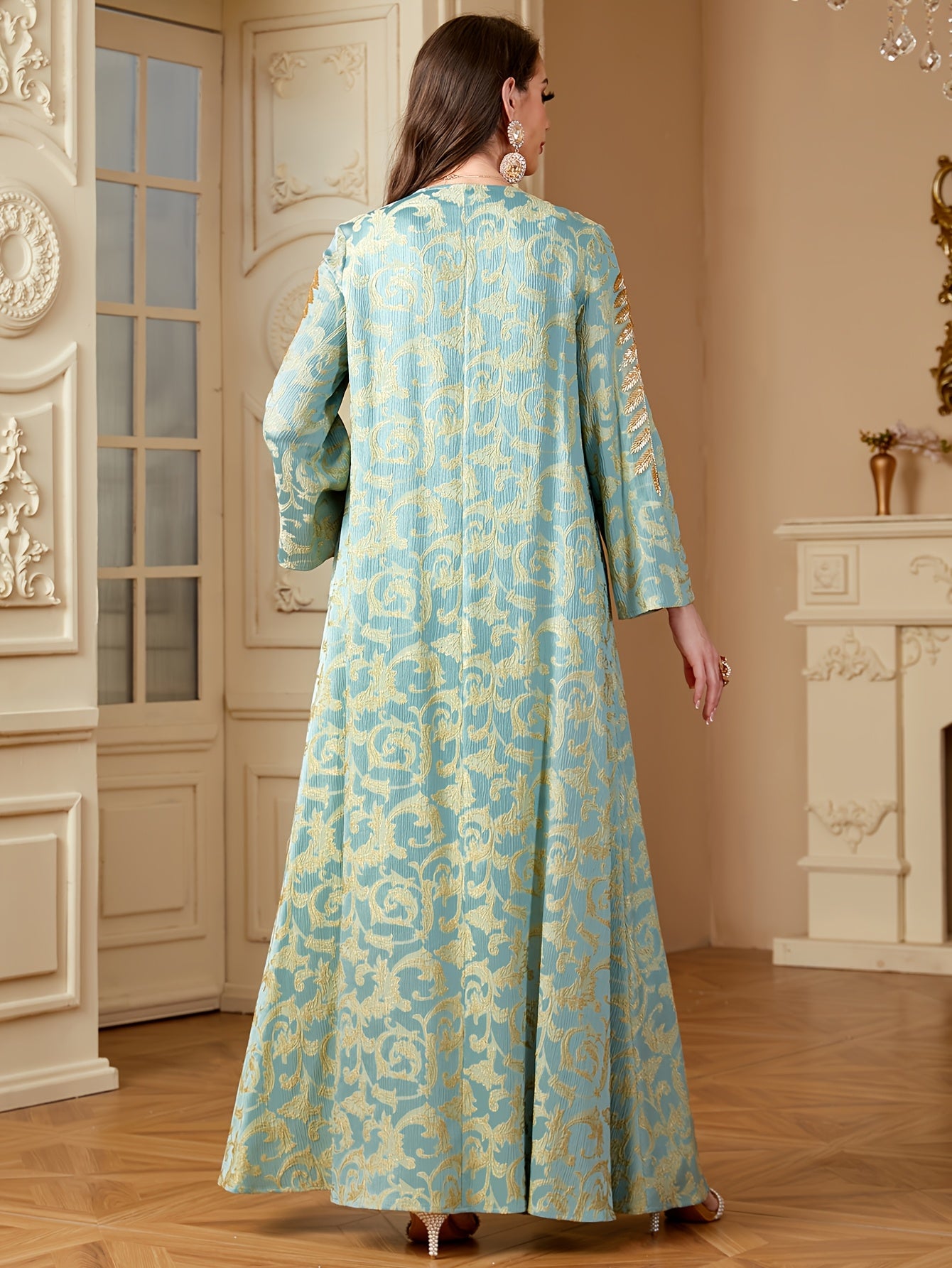 Women's Elegant Middle Eastern-Inspired A-Line Baju Abaya with Floral Appliqué & Beaded Embellishments - Long Sleeve Floor-Length Loose Fit Machine Washable All-Season Casual to Formal Wear