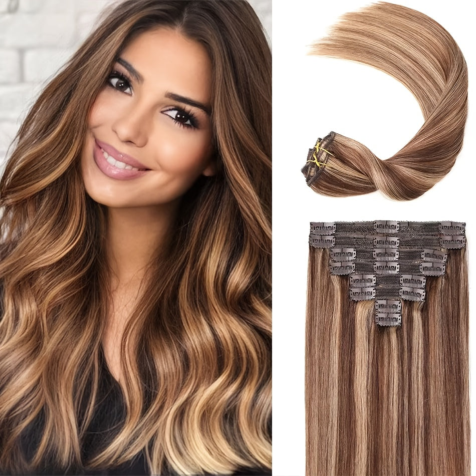 8pcs Brazilian 100% Human Hair Hair Extensions with 18 Clips In - #4/27 Highlight Straight Hair Suitable for Women, Highlights, Volume & Length, 4/27 Color Match for Afro Hair