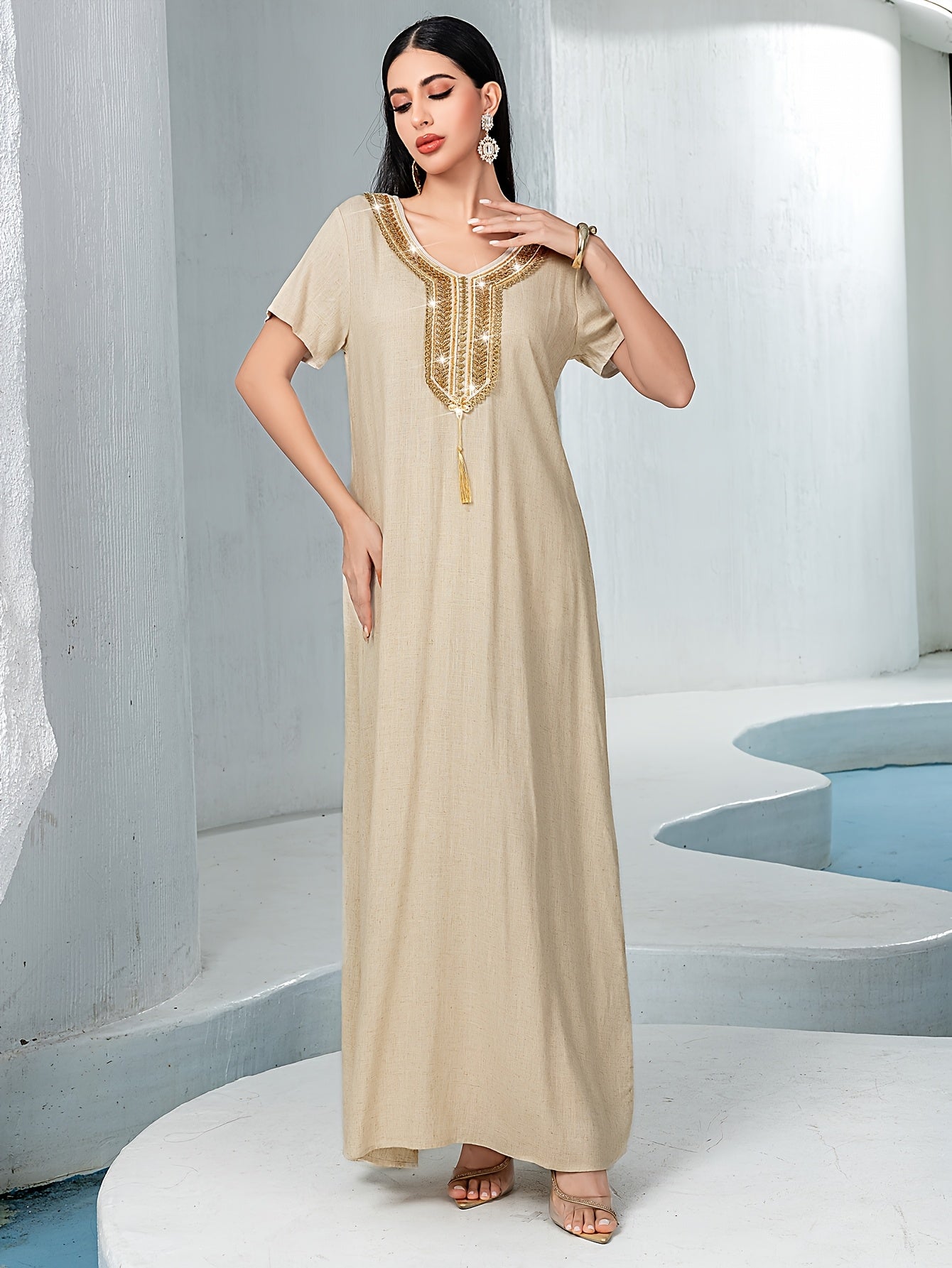 2pcs Traditional Style Beige Hand-Embroidered Rhinestone with Woven Belt, Polyester Long Emirati Abaya Gown Set, Solid Color, Non-Stretch Fabric, Long Sleeve, Regular Fit, All-Season