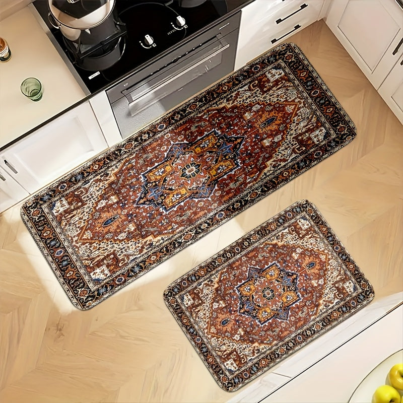 Kitchen Mat Set Featuring a Bohemian Style, Small Decorative Rugs with Vintage Eastern Medal Designs, Persian Carpets Made of Plush Material That Are Stain-Resistant, Non-Slip, Soft, Comfortable, And Easy to Clean