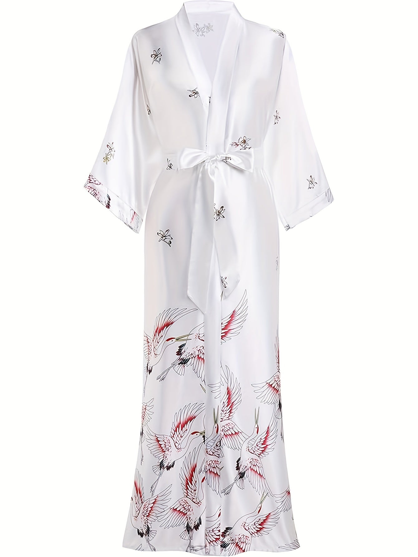 Long Kimono Robe Satin Sleepwear Blouse Bathrobe Nightgown Floral Crane Kimono Cardigan Robe