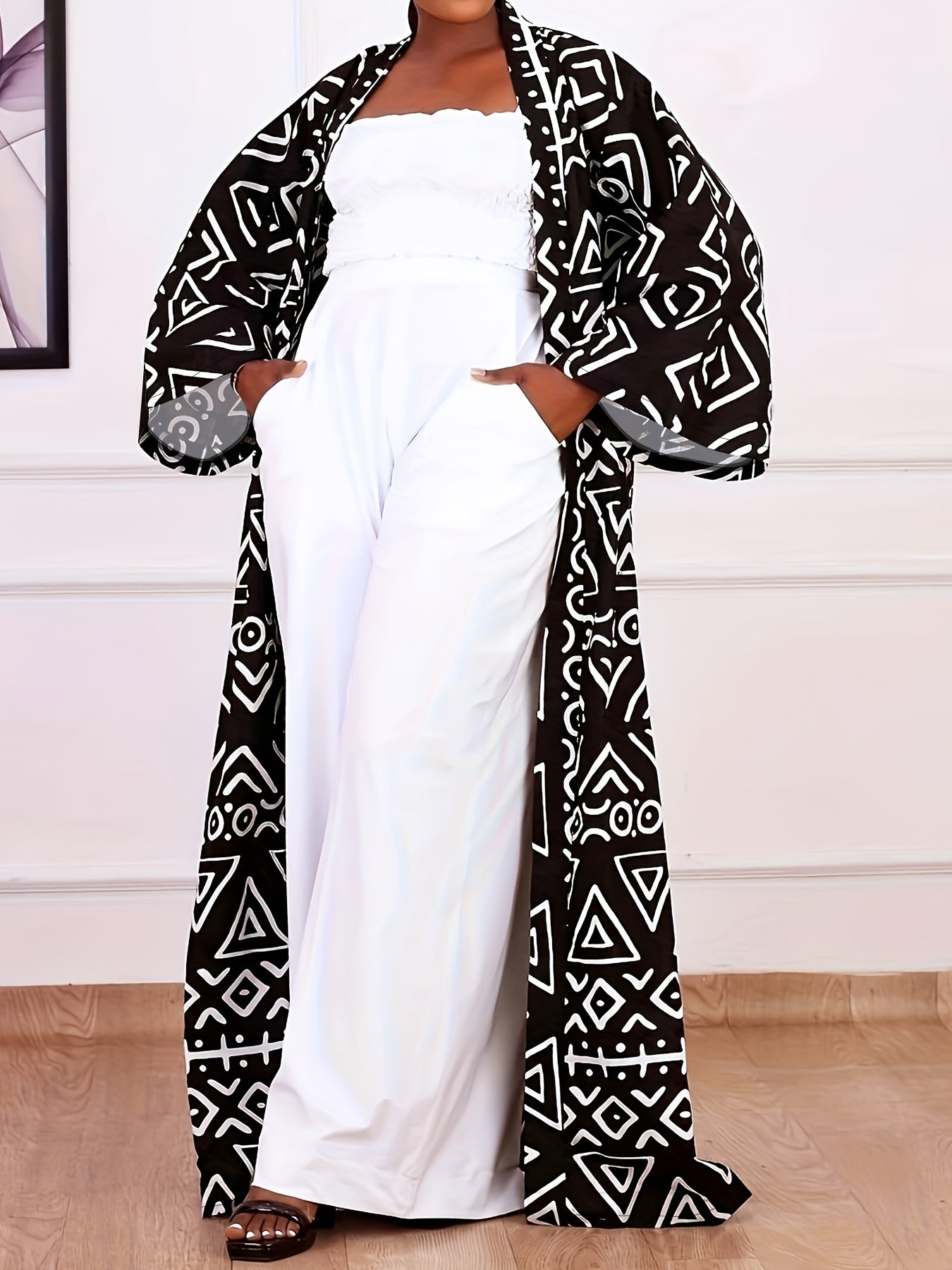Chic Plus Size Open Front Kimono Abaya Cardigan - Casual & Versatile, Machine Washable, Polyester Blend with Elastane, Elegant Print Design