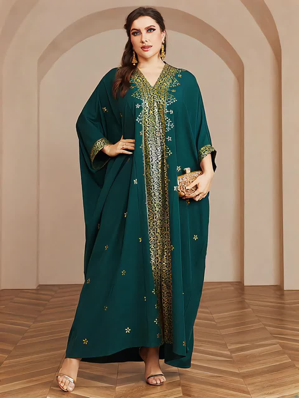 Polyester Long Kaftan | V-Neck Tribal Pattern Woven Non-Stretch, Middle East Golden Tassel, Batwing Sleeve Abaya, Plus Size, All Season