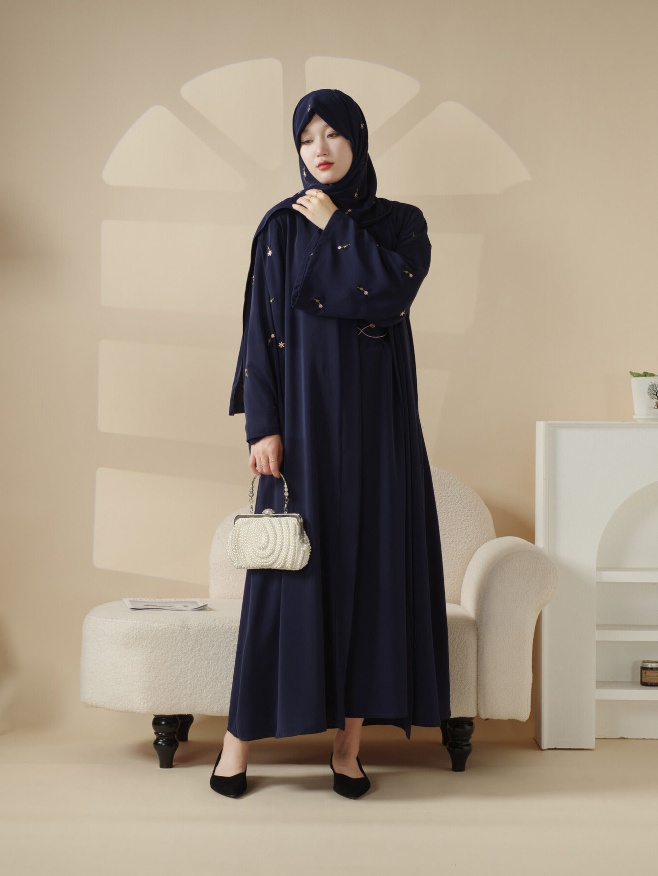 Tulip Embroidery Open Abaya 4pcs set: Includes open abaya, inner dress, matching belt, and hijab