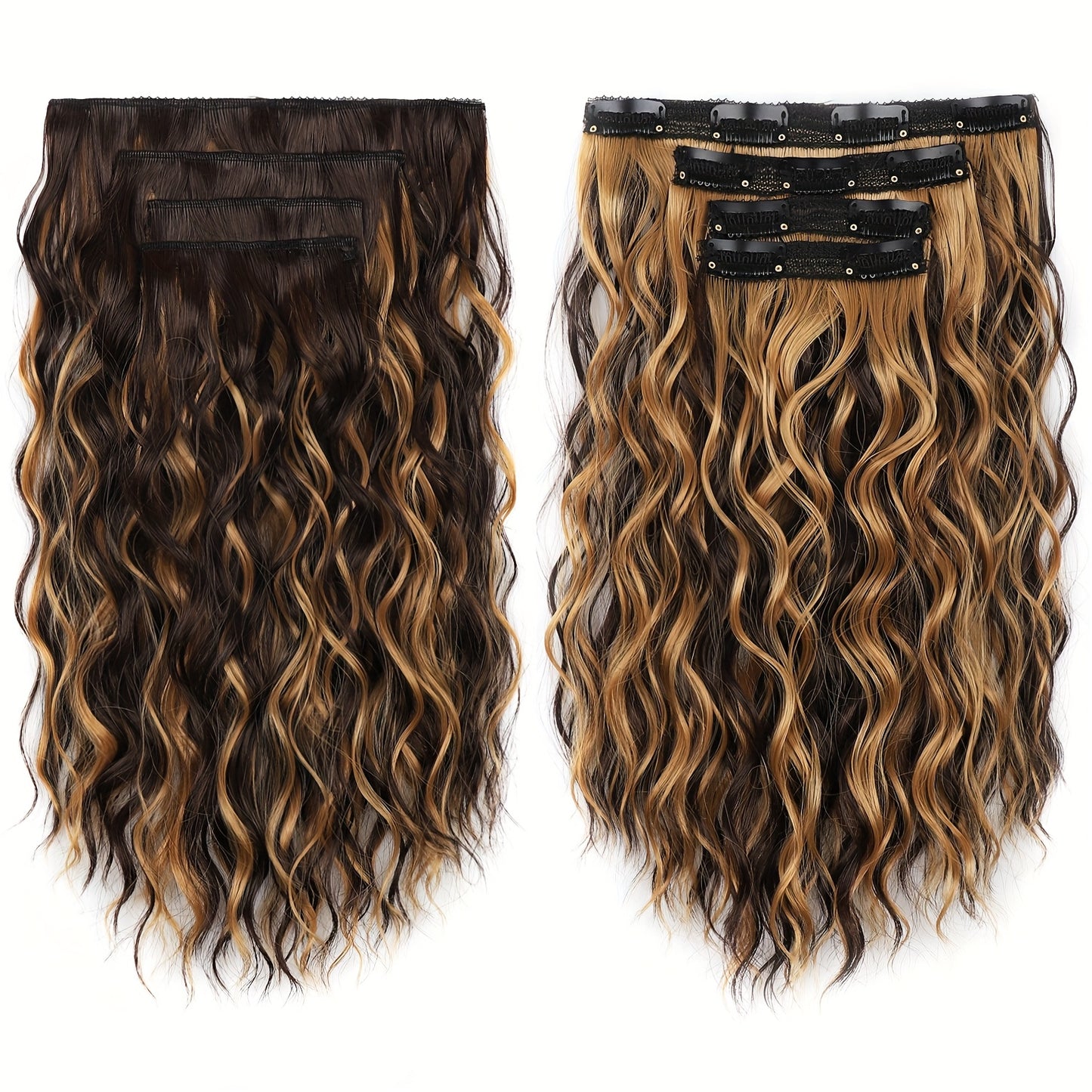 Curly Hair Extensions, 12-Inch Clip-Ins for a Short, Soft, And Look. Lace Weft Curly Wavy Clip-In Extensions That Are Discreet for Women, Featuring a Chocolate Brown Base with Honey Blonde Highlights