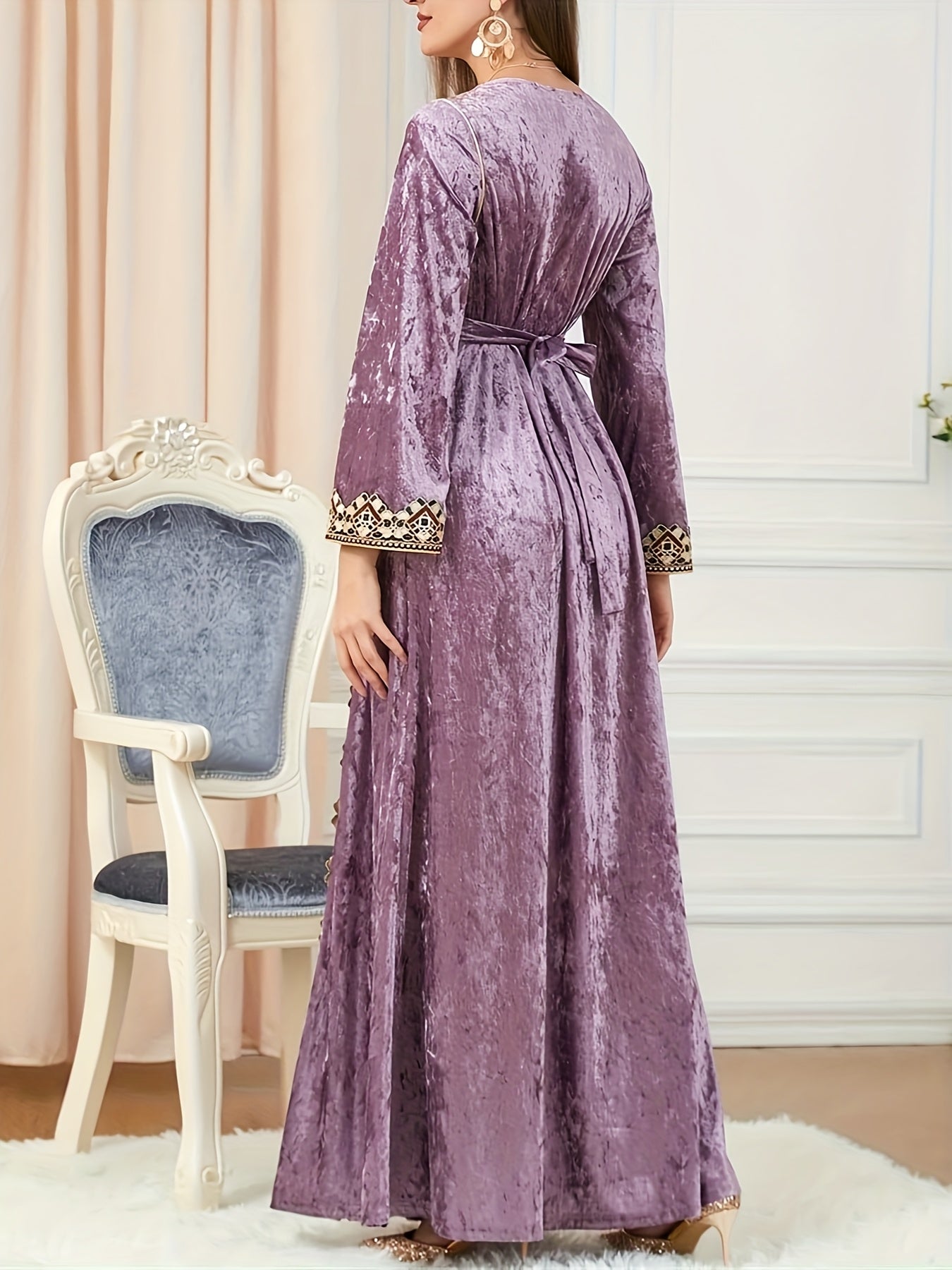 Women's Elegant Velvet Embroidery Abaya Kaftan - Long Sleeve V-Neck with Adjustable Waist Belt, A-Line Silhouette & Flared Hem for Modest Moroccan Turkish Arab Style