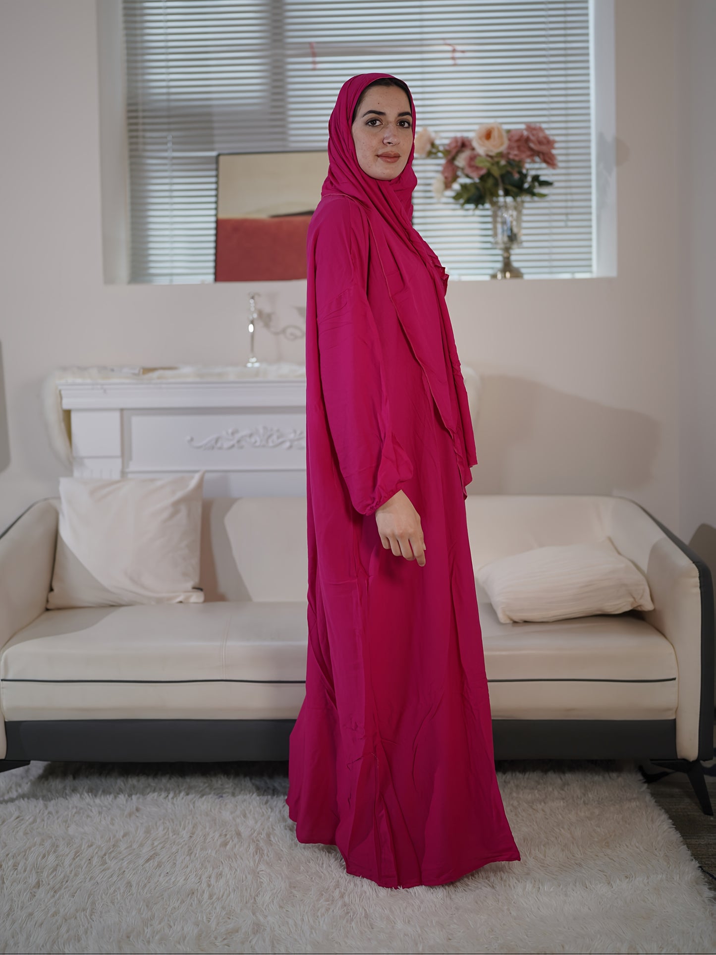 Long Sleeve Comfortable Women's Prayer Arabic Abaya - Integrated Hijab, Solid Color, Loose Fit, Rayon Fabric, Machine Washable