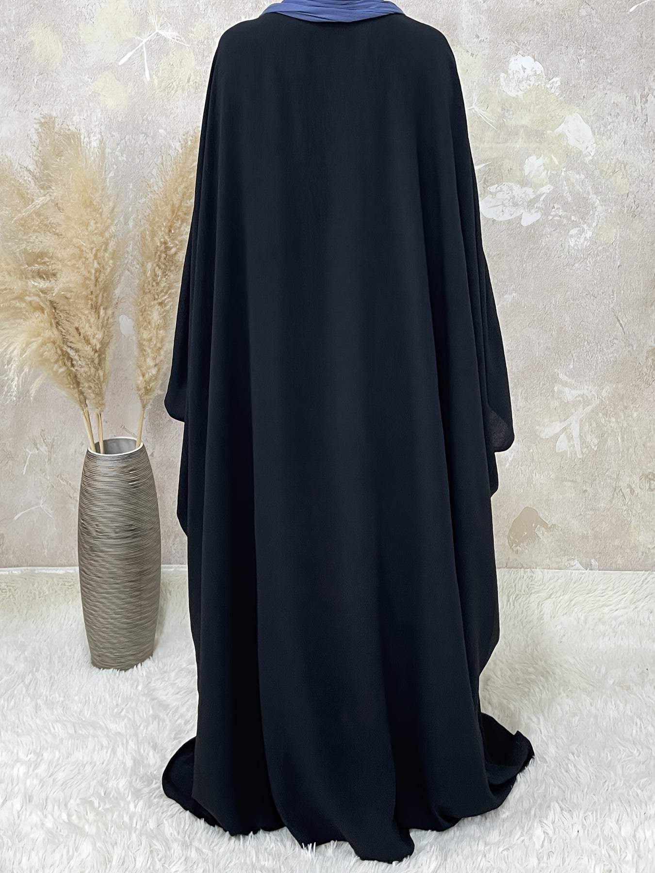 Women's Vintage Arabic Abaya Dress - Ramadan Modest Batwing Sleeve Long Dress with Waist Belt, Loose Fit Solid Black, Faux Pockets for All-Season Wear, Muslim Dress, Modest Apparel