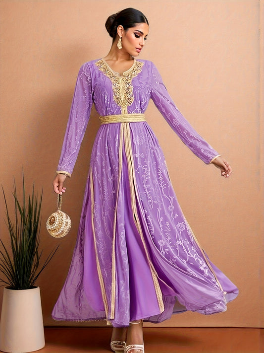 Elegant Women's Emirati Abaya Dress - Long Sleeve, Lace Detailing, Belted Waist, Flowing Design, Solid Purple, Perfect for Spring/Summer Casual Wear, Cultural Fashion, Elegant Attire | Flowing Abaya