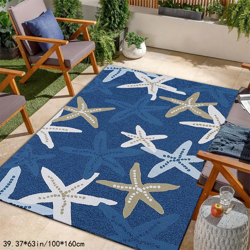 1pc Starfish Pattern Rug Made of Plush Velvet with a Dotted Plastic Bottom, Suitable for Outdoor Use Such As RV Camping, Gardens, Patios, And Balconies; Machine Washable Outdoor Carpet