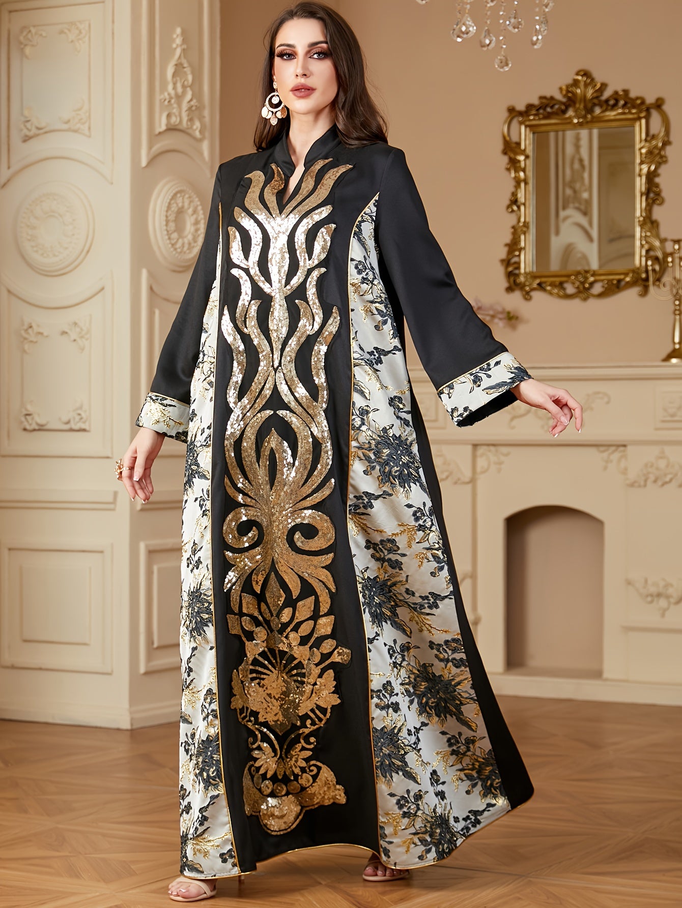 Polyester Long Sleeve A-Line Modern Abaya, Color Block Pattern, Contrast Sequin Design, Non-Stretch Fabric, Woven, 130g/m², with Asymmetrical Hem, for Muslim Women