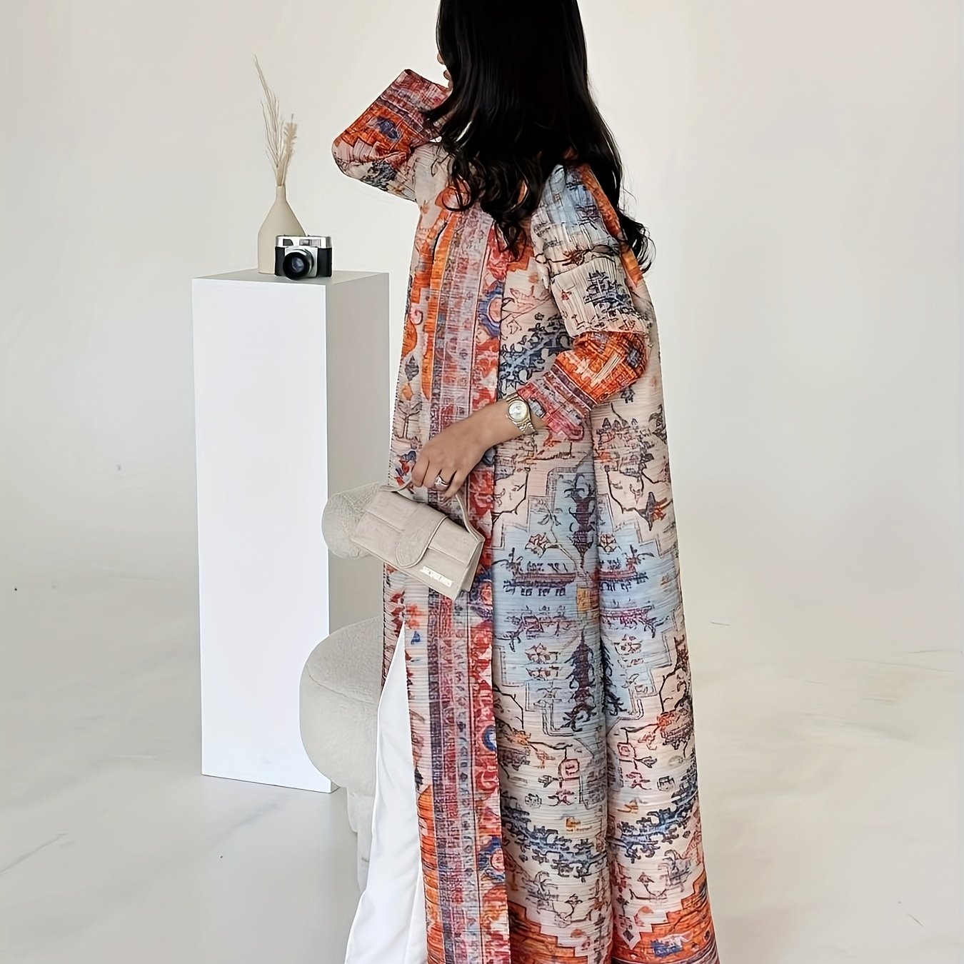 2025 Summer New Collection - Miyake Geometric Print Kimono Cardigan, High Elasticity, Long Sleeve, Open Front Abaya, Loose Fit, Lightweight Fabric, Perfect for Ramadan, Eid Al-Fitr