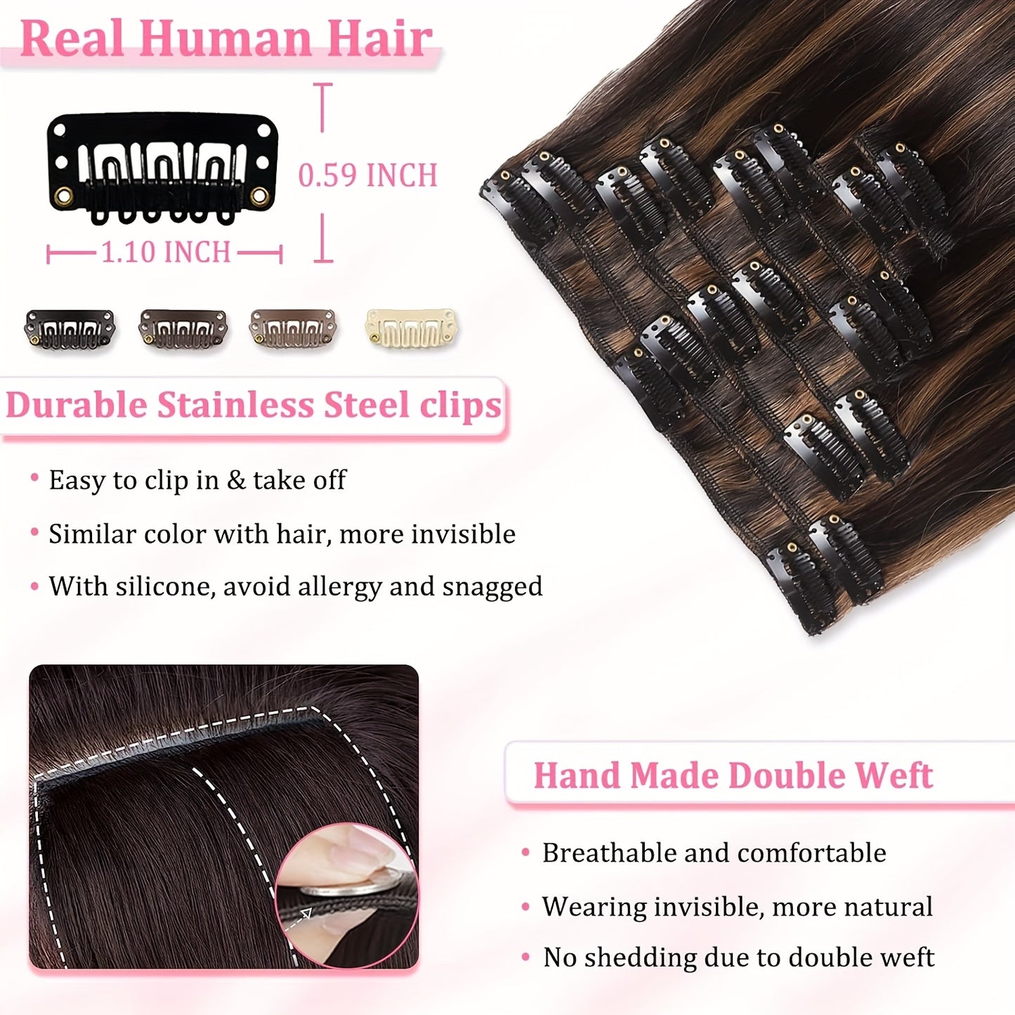 Clip In Hair Extensions Real Human Hair Clip In Extensions ForWomen Seamless Balayage Dark Brown To Chestnut BrownStraight Remy Human Clips Ins Extension 8pcs DoubleWeft 14inch-24 Inch 80g-120g #2P6