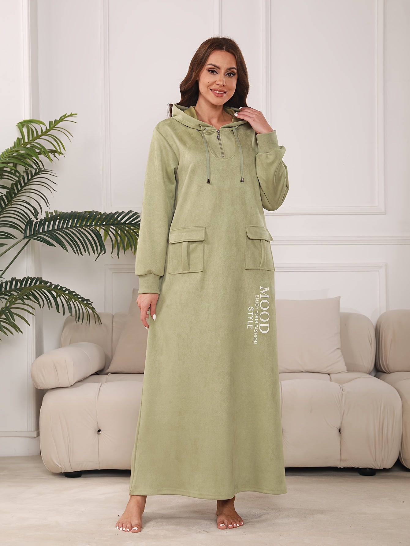 Women's Casual Long Sleeve Hooded Abaya with Zipper Collar and Pockets - Arabic Alphabet Print, Non-Stretch Fabric, Loose Fit for All Seasons, Casual Wear|Hooded Dress|Pocketed Dress