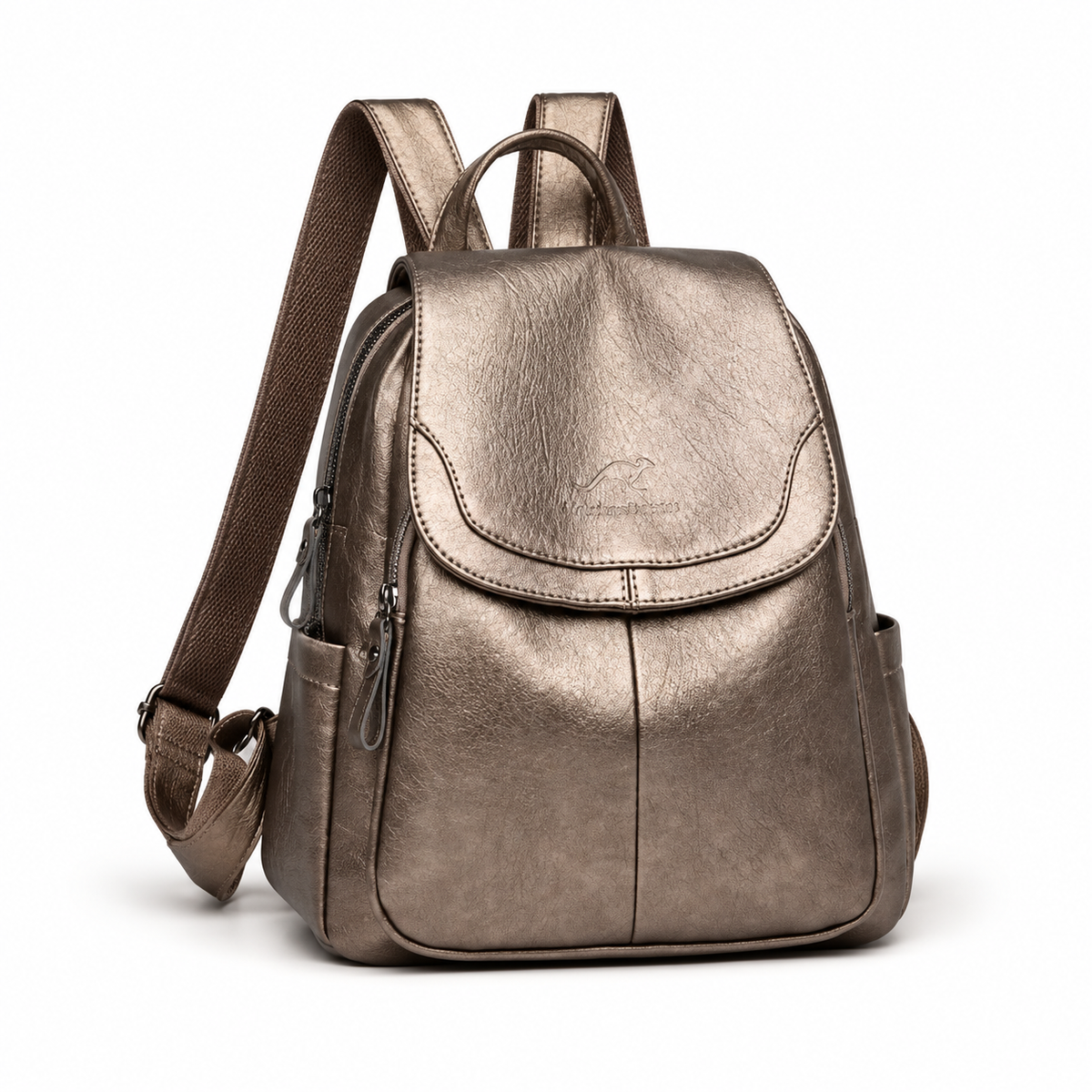 Metallic Bronze Flap Backpack With Pockets