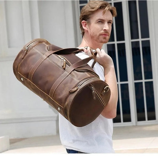 Wainwright Weekender | Vintage Round Genuine Crazy Horse Genuine Leather Duffel Bag with Zipper Closure, Multiple Pockets & Adjustable Strap