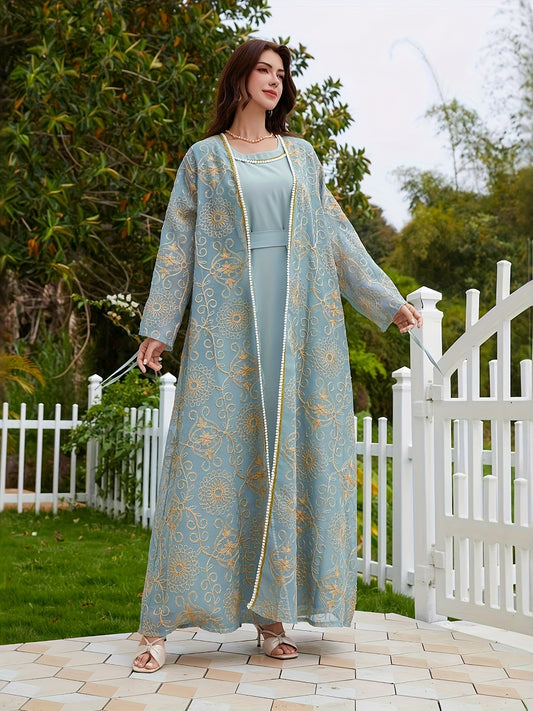 2pcs embroidered gray-blue Turkish elegant festive abaya set