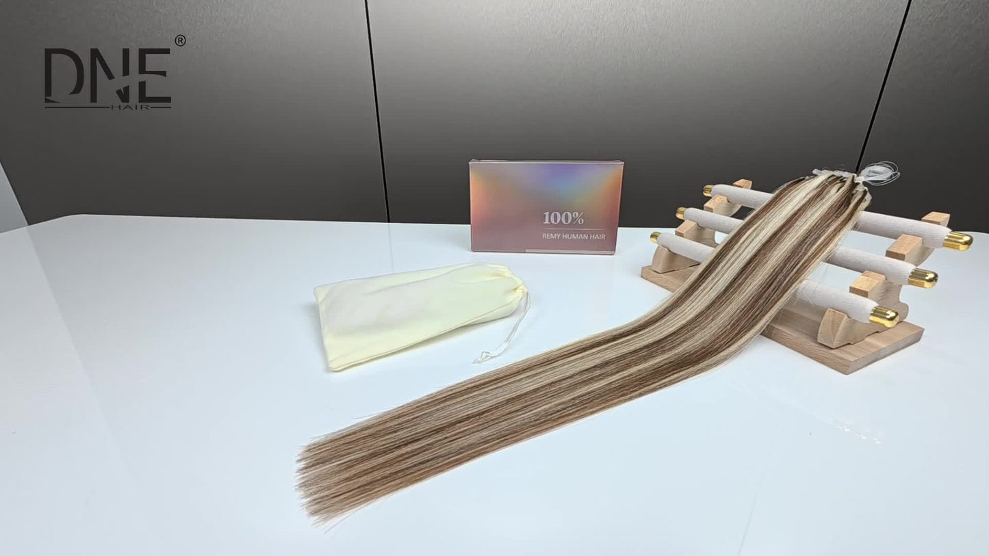50 Strands of DNE Hair Microlink Human Hair Extensions Ranging from 14 to 24 Inches in Light Brown And Blonde, Featuring Straight Hair with Cold Fusion Micro Loop Invisible Seamless Bead Extensions Designed for Women. Made fr